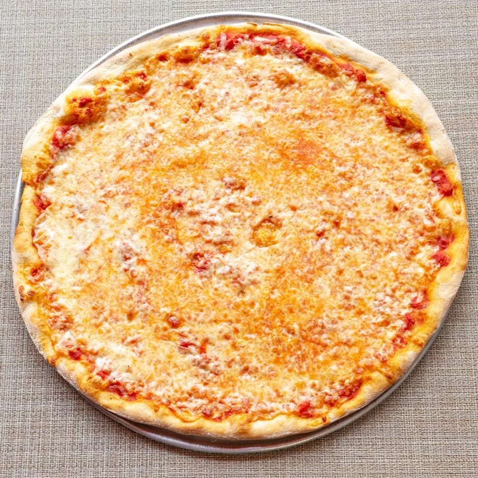A classic Napoli's Pizza with melted mozzarella cheese and red sauce on a metal pan.